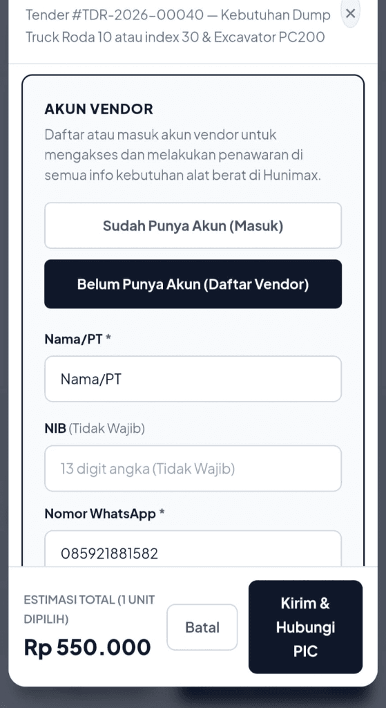 Langkah 4: Masuk atau Buat Akun Vendor Hunimax