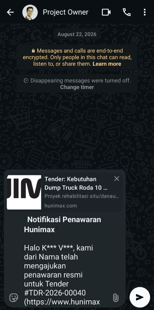 Langkah 5: Chat WhatsApp Notifikasi Penawaran Terhubung ke Project Owner
