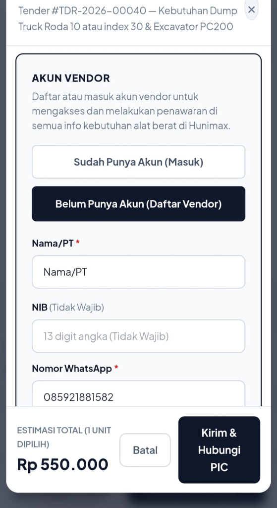Langkah 4: Masuk atau Buat Akun Vendor Hunimax