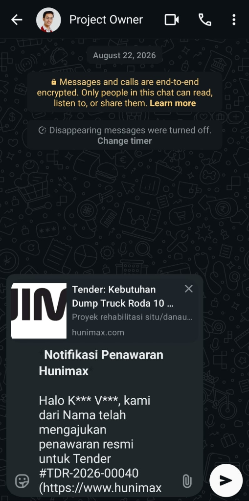 Langkah 5: Chat WhatsApp Notifikasi Penawaran Terhubung ke Project Owner